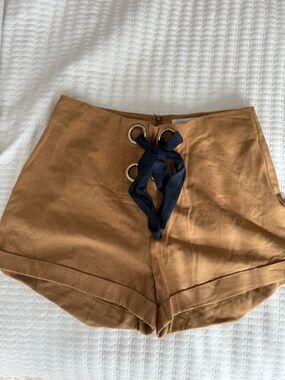 Lush High-Waist Lace-Up Shorts in Camel with Navy Tie